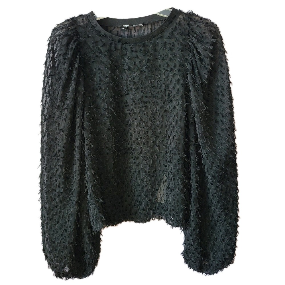 Zara Women's Textured‎ Black Fringe Detail Long Sleeve Blouse Crop Top Sz S